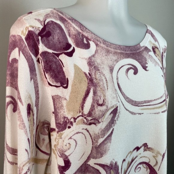 Chico's 1 Women's Medium Sweater Purple White Cream Paisley Bateau Neck Pullover - Picture 4 of 15